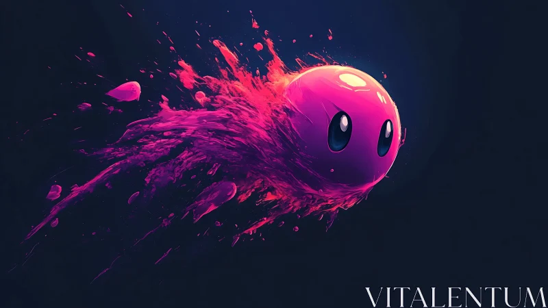 Pink spherical character moves through dispersed liquid trail