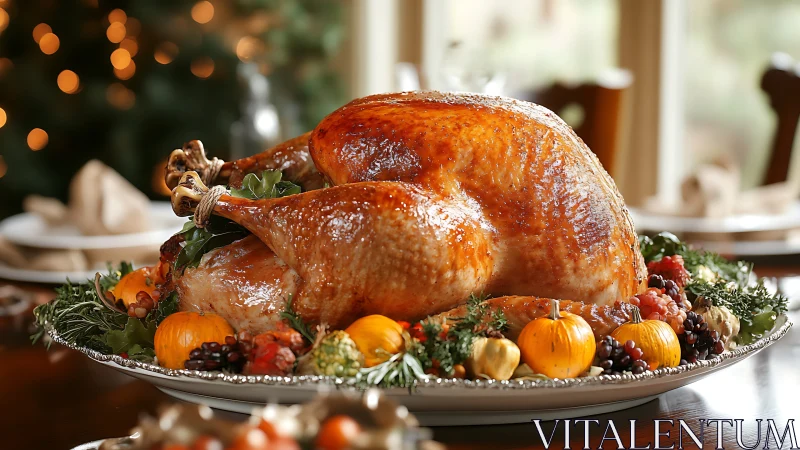 Golden roasted turkey anchors a richly garnished holiday table