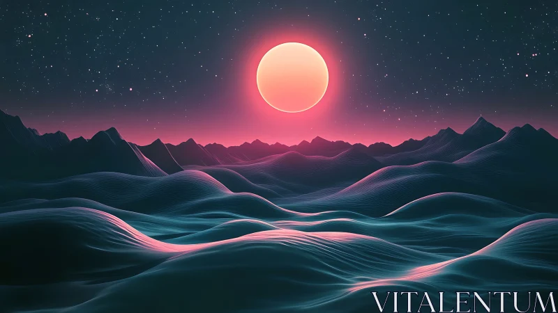 Neon sun rises over glowing waves on surreal alien landscape