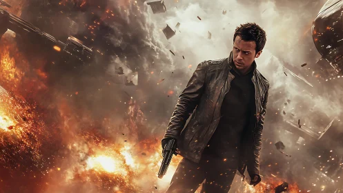 Armed hero strides through burning urban battlefield.