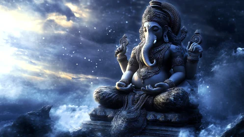 Celestial stone Ganesha idol in luminous stormlit clouds