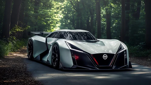 Futuristic white concept hypercar sits on forest road