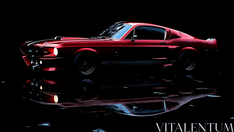 Sleek red muscle car glows against a dark reflective backdrop