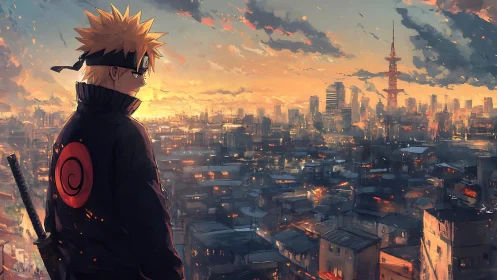 Sunset-washed shinobi watches a neon city wake below