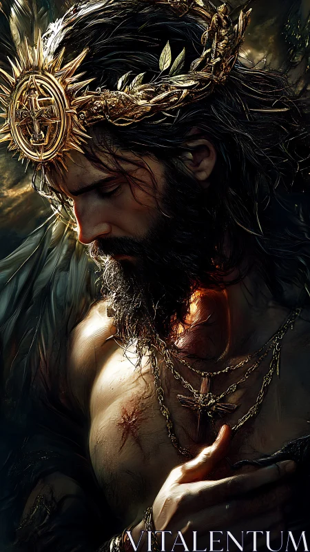 Bearded man with ornate golden crown and chest wound.