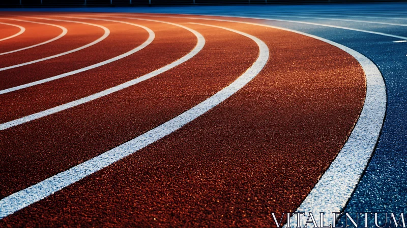 Curved polyurethane running track lanes under low warm light