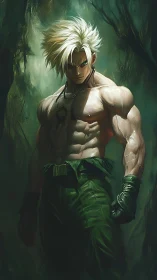 Warrior with white hair stands in brooding forest light.