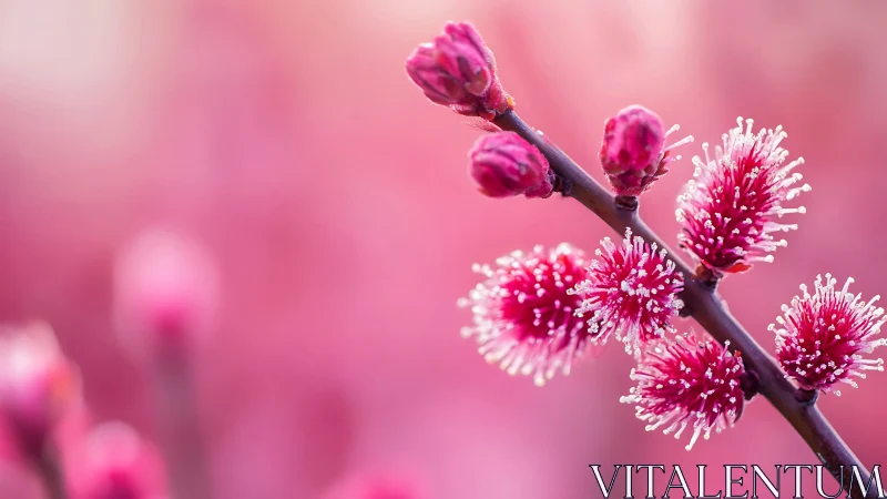 Magenta Catkins in Spring Bloom Against Soft Pink Gradient.