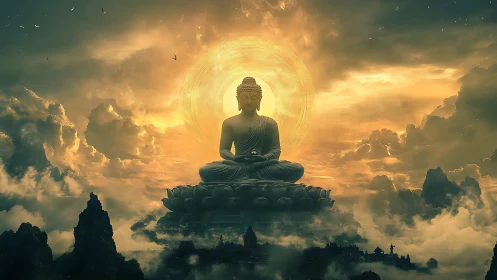 Serene Buddha statue above clouds with radiant golden halo.