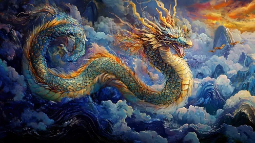 Serpentine sky dragon arcs through turbulent clouds and dynamic waves