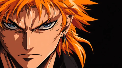 Intense orange‑haired anime warrior in high‑contrast profile.