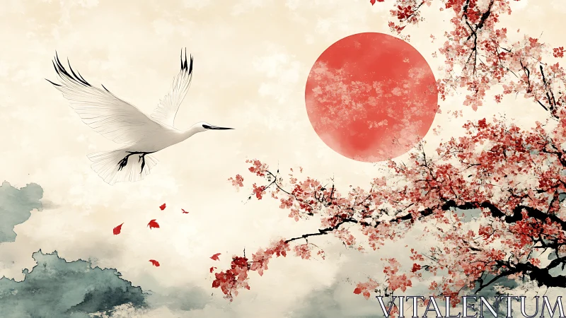 White crane over cherry blossoms and red sun sky.