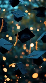 Graduation caps tossed in air with golden bokeh lights.