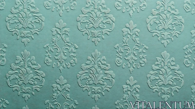 Ornate teal damask wallpaper with raised baroque motifs.