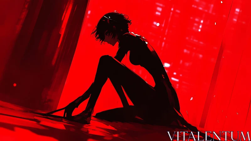 Silhouetted lone figure in crimson neon urban void.