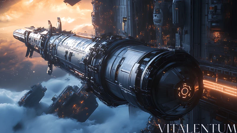 Massive sci fi starship docked at futuristic space station.