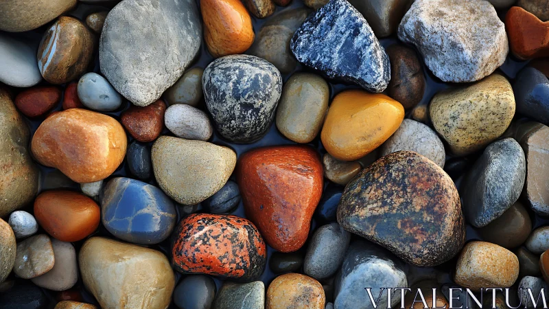 Wet multicolored river stones form dense textured surface