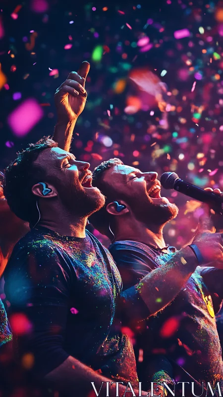 Photorealistic concert portrait with dynamic confetti field.