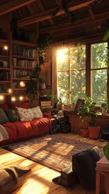 Digital painting of sunlit reading nook with warm rustic styling.