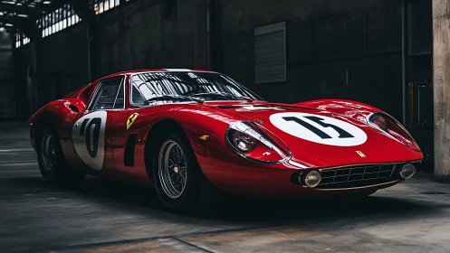 Red vintage race car in low-key industrial warehouse lighting
