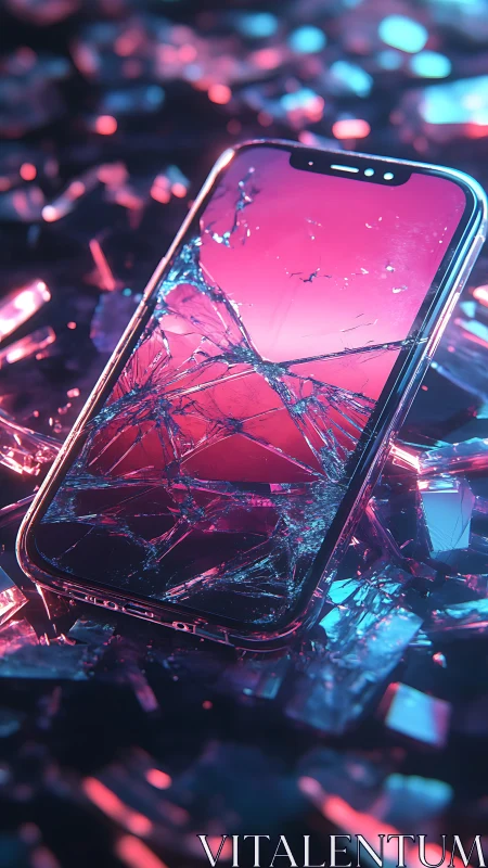 Fractured smartphone display in neon bokeh glass environment.