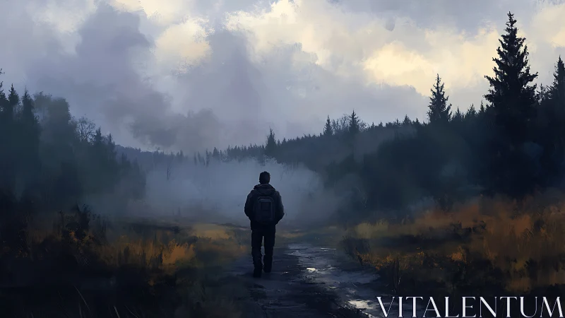 Solitary figure walks on wet forest path under dense clouds