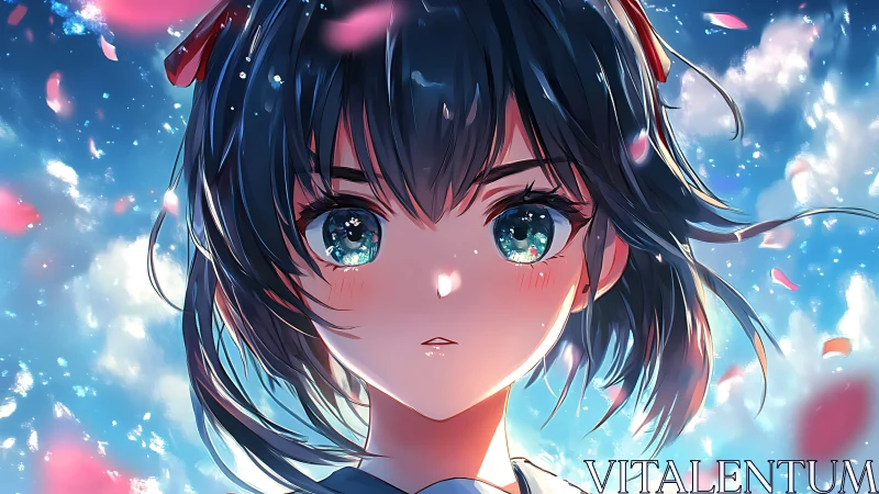 Anime portrait with celestial lighting and petal motion focus.