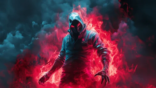 Hooded firewalker strides through stormclouds of neon rage