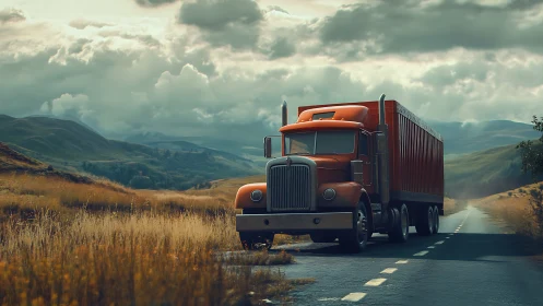 Vintage red semi truck on moody country highway at dusk.