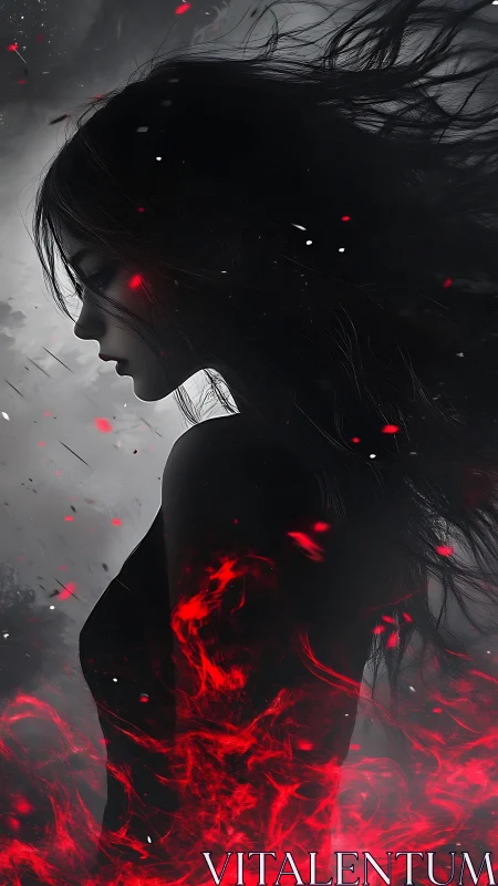 Shadowed ember girl wrapped in stormy crimson fire glow.