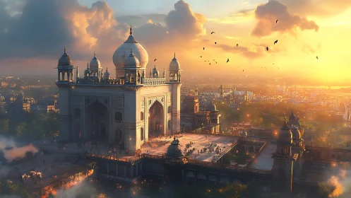 Golden city sunrise over a serene domed palace terrace.