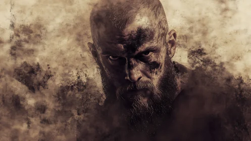 High contrast warrior portrait with dirt textures and desaturated tones