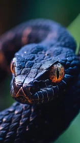 Close macro portrait of dark snake with vivid eyes.