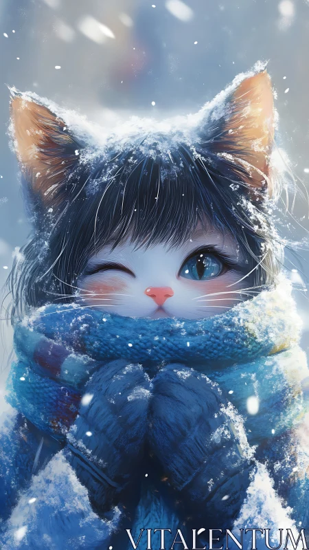 Anthropomorphic cat in winter clothing amid snowfall.