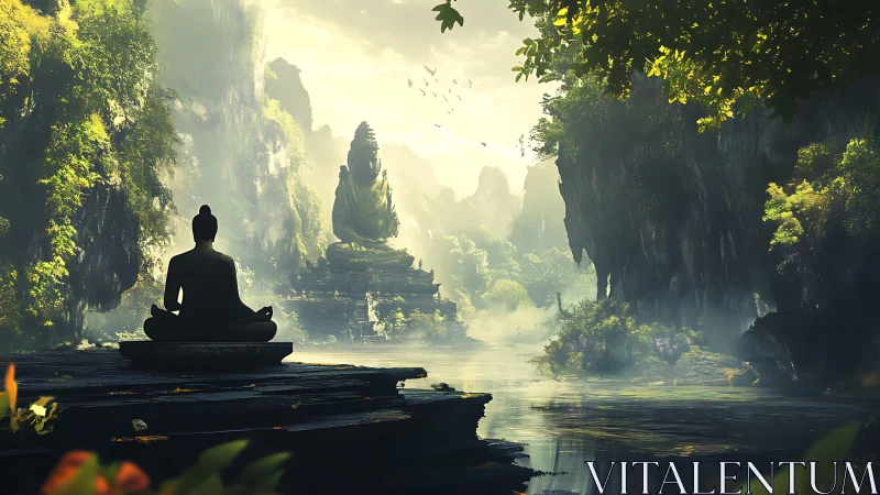 Silent river monk in emerald canyon temple lightscape.