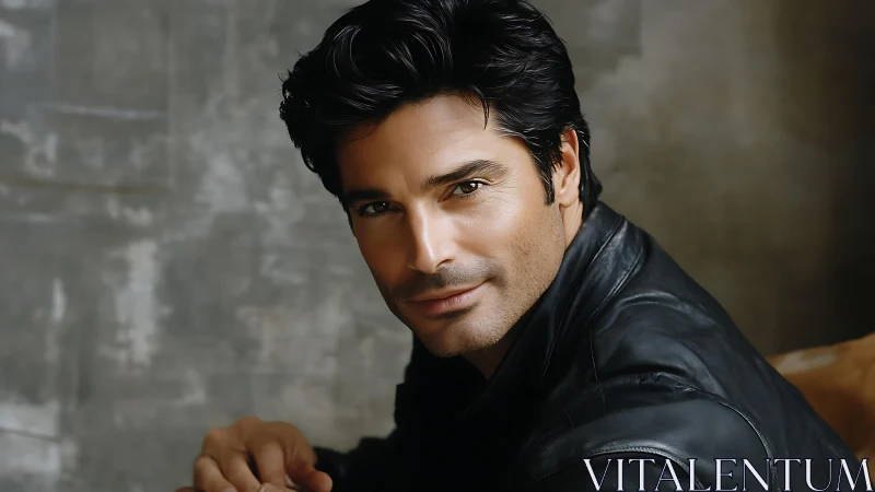 Leather-clad gaze drifts through soft studio shadows tonight