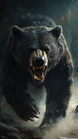 Furious bear charges through smoke in a dark, primal storm