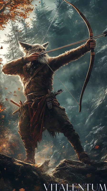 Anthropomorphic fox archer draws bow in cinematic forest vista