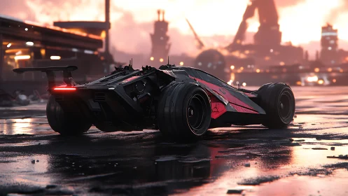 Sleek cyber racer waits quietly on a rain slicked runway