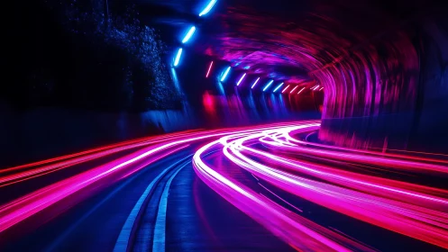 Long exposure records neon light trails in curved tunnel