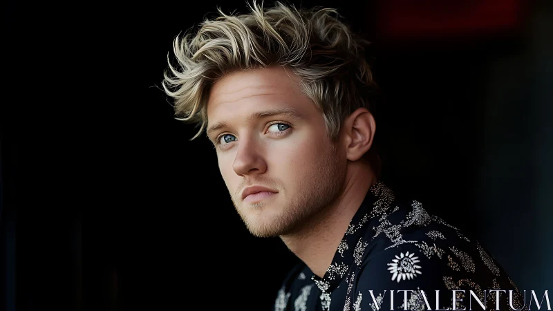 Blond man in patterned shirt is posed against dark backdrop