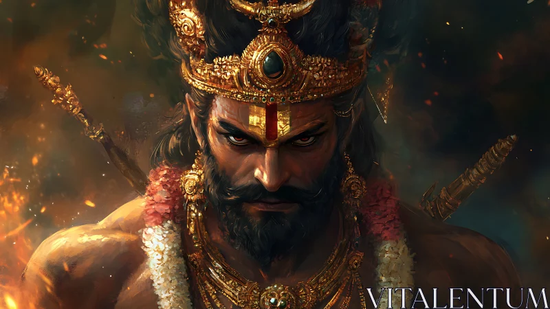 Warrior king stares forward wearing ornate golden crown