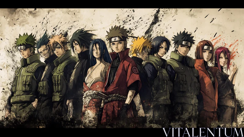 Storm-worn ninja line marching through swirling ink dusk.