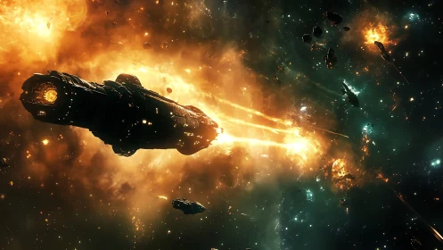 Large spacecraft traverses luminous nebular battlefield region