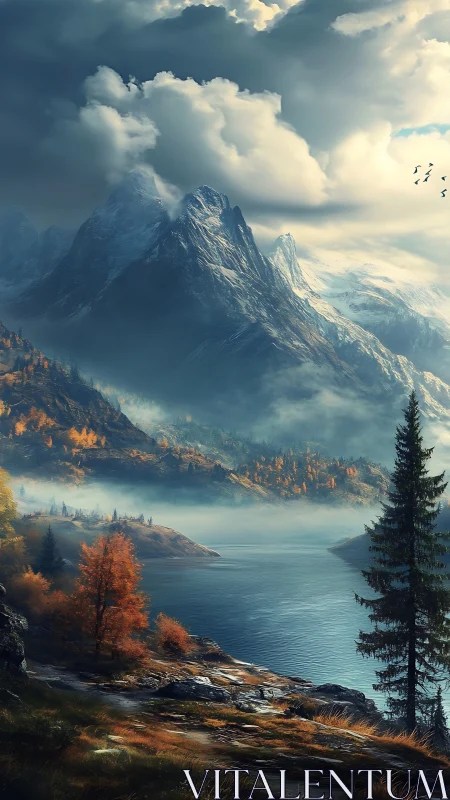 Digital depiction shows alpine lake beneath steep peaks