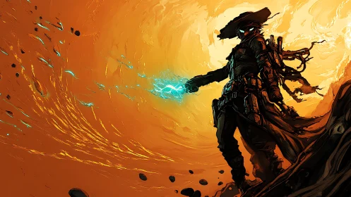 Cybernetic gunslinger channels plasma energy in desert vortex