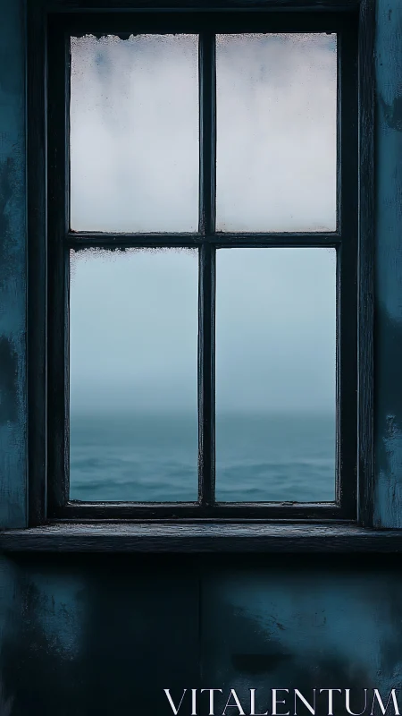 Weathered window quietly framing a misty, distant sea