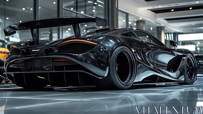 Black supercar stands in glossy showroom under bright lighting
