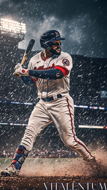 Determined baseball batter stands ready under pouring stadium rain