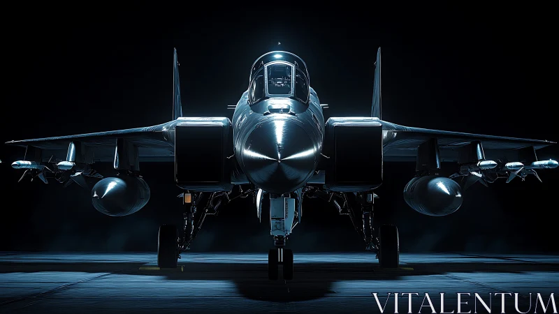 Military jet is shown frontally under controlled low-key light